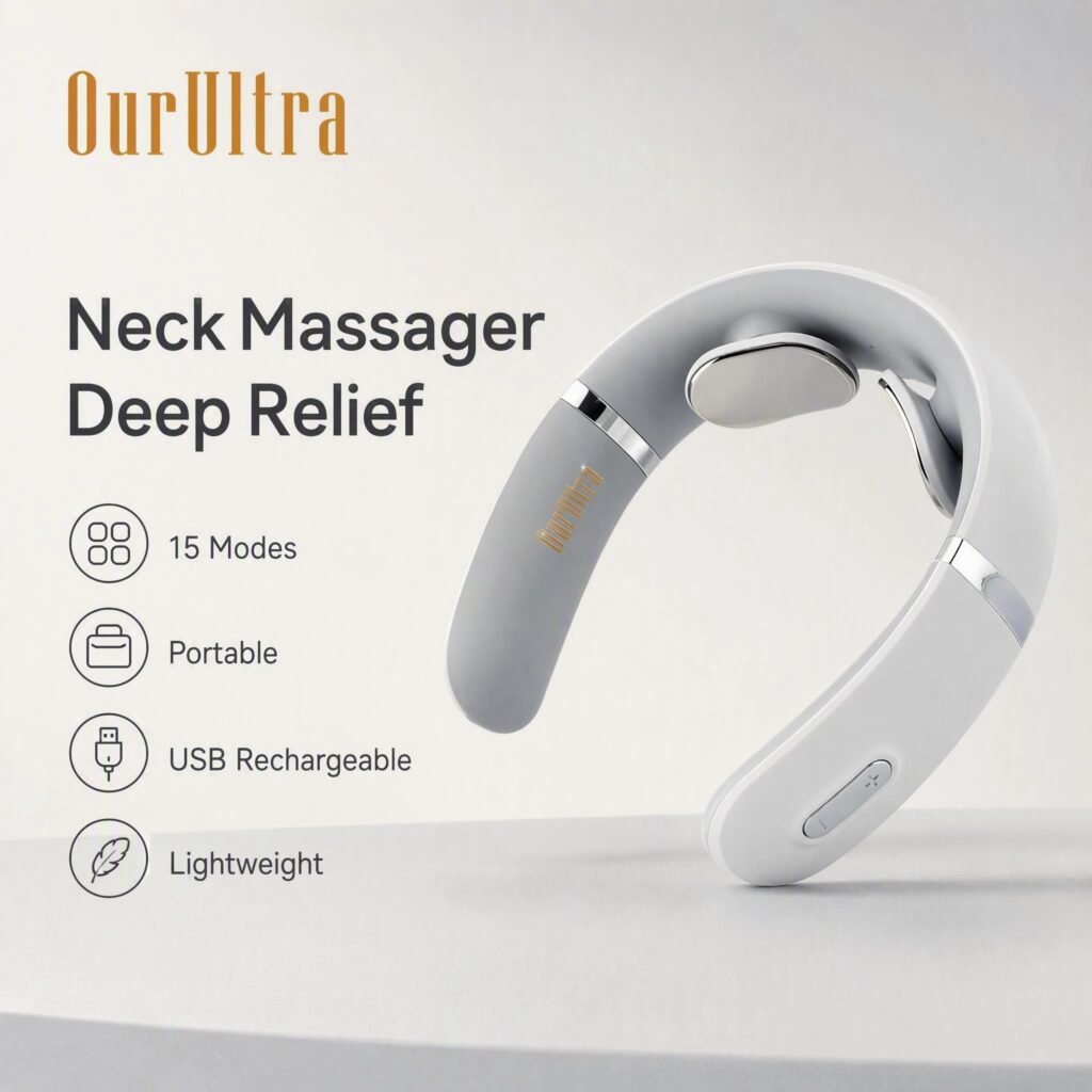 OurUltra Neck Massager · Deep Tissue Relief · 15 Modes · USB Rechargeable