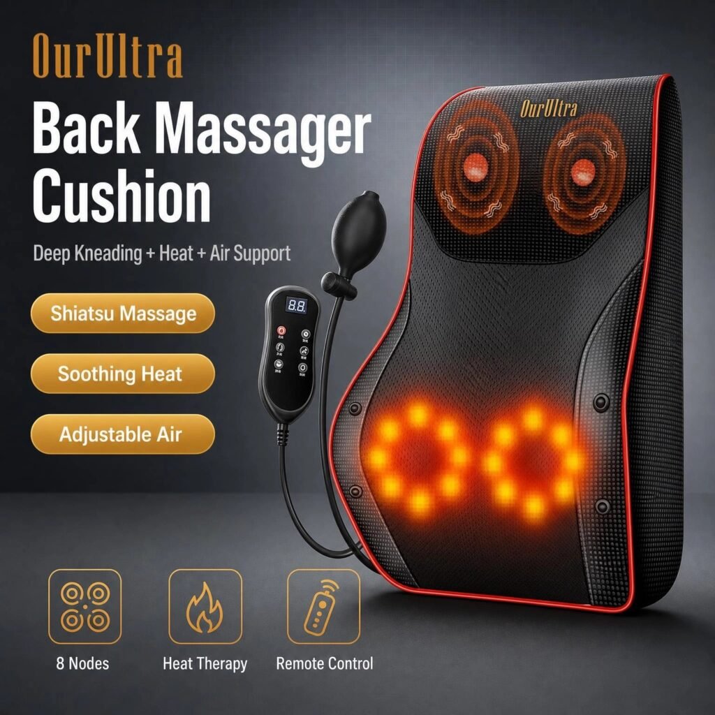 Back Massager Cushion · Shiatsu Kneading · Heat & Air Support · Remote Control