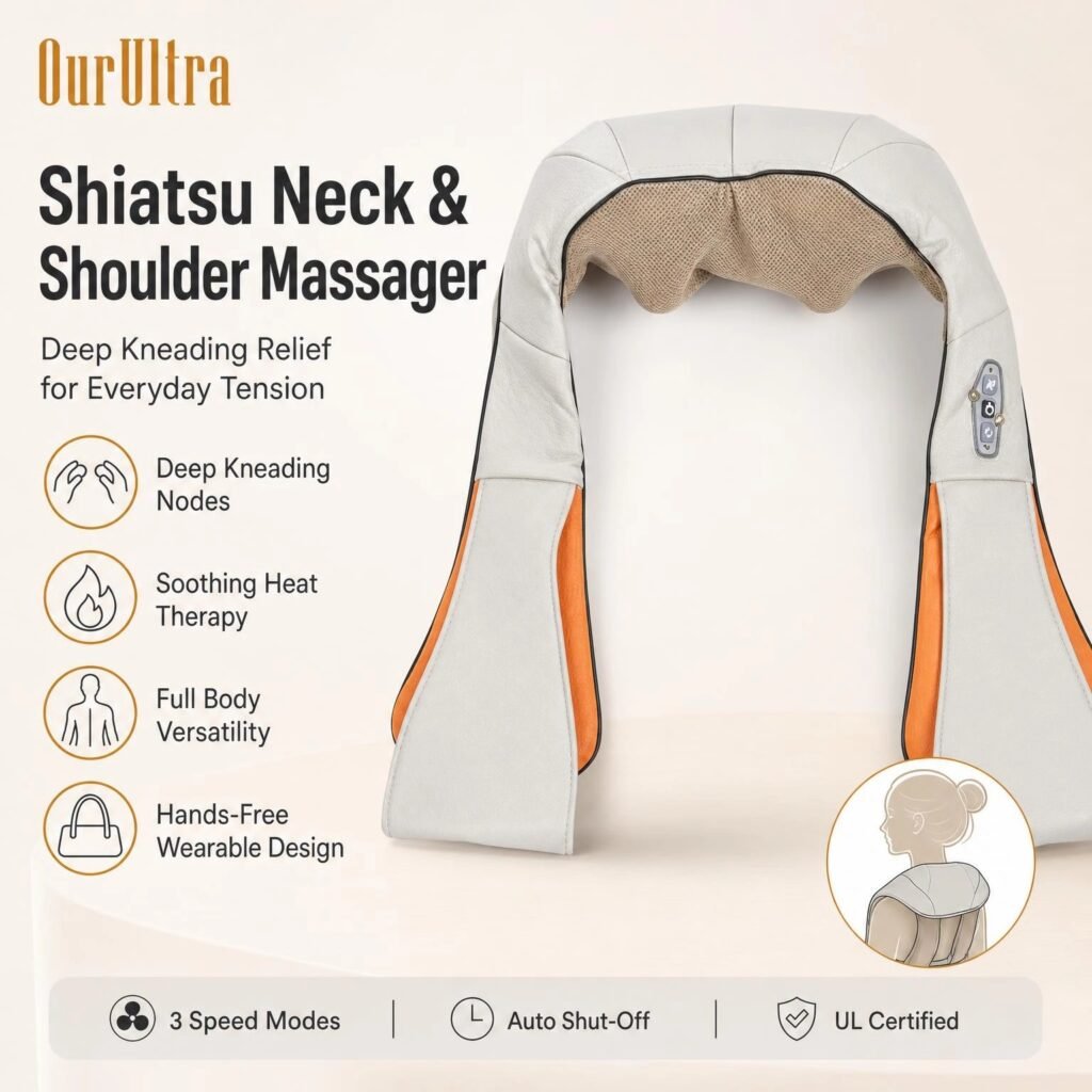 Neck & Shoulder Shiatsu Massager · Deep Kneading · Heat Therapy · Wearable Design