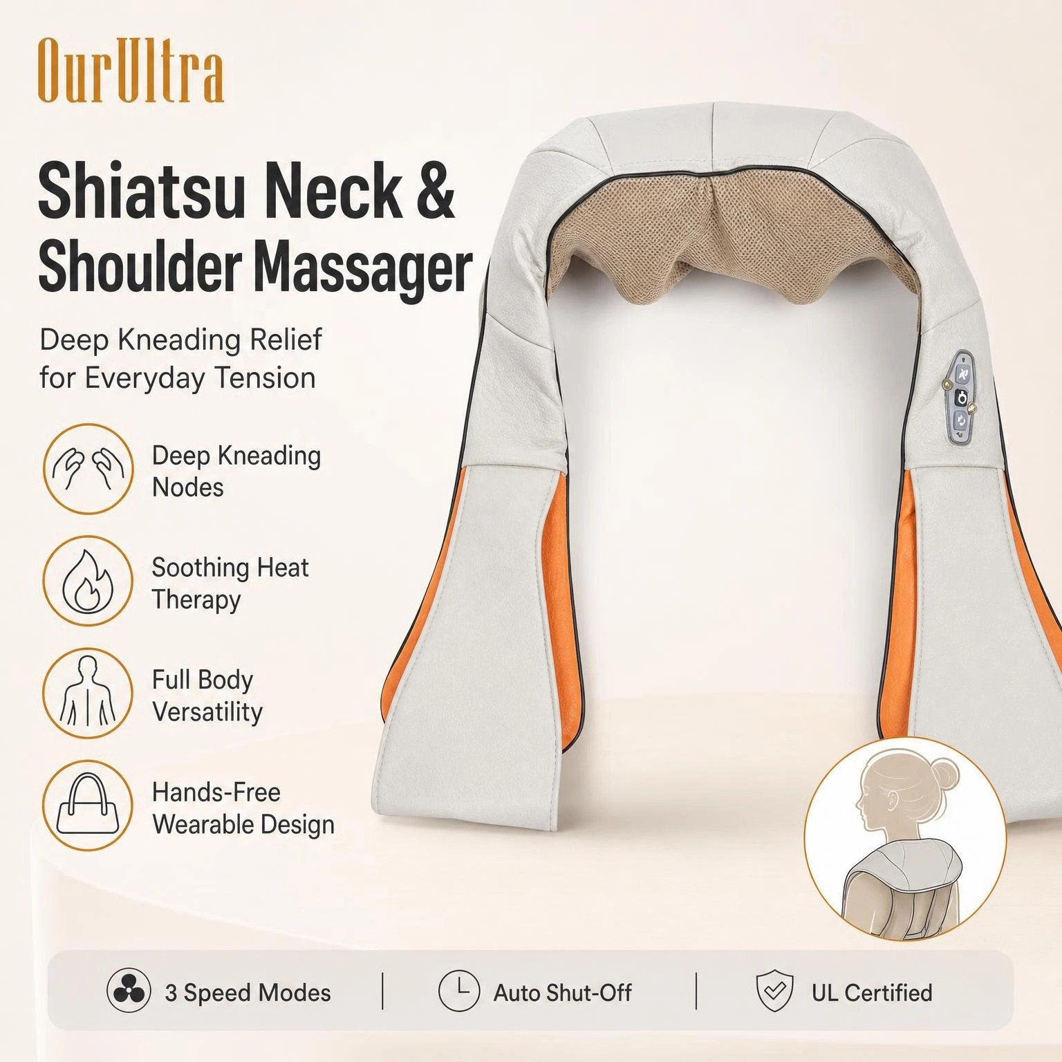 Neck & Shoulder Shiatsu Massager · Deep Kneading · Heat Therapy · Wearable Design