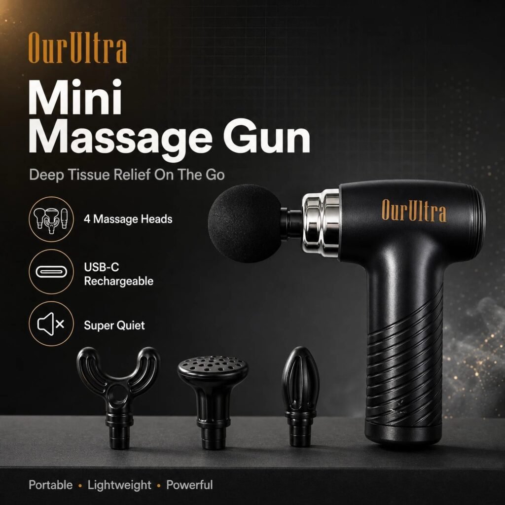 Mini Massage Gun · Deep Tissue Relief · 4 Heads · USB‑C · Ultra‑Quiet