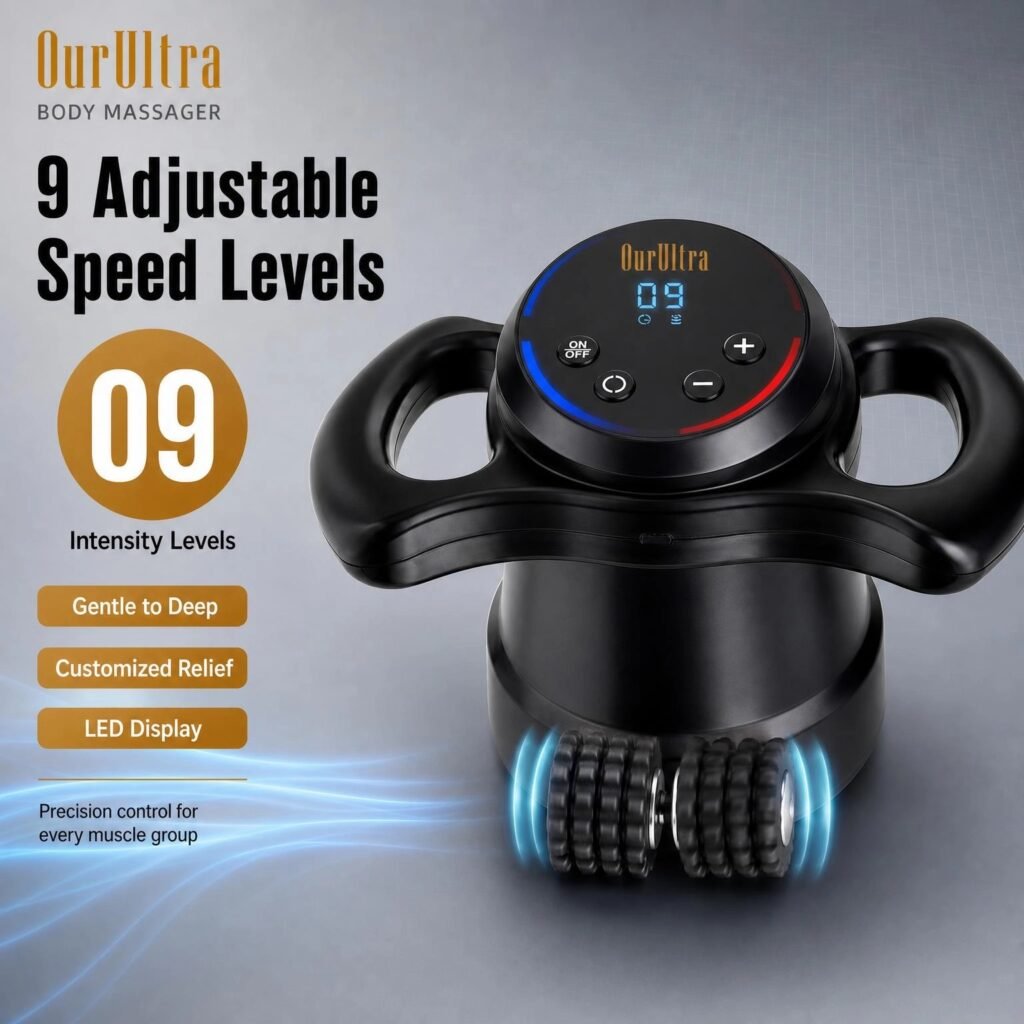 Handheld 360° Roller Massager · Deep Muscle Relief · Adjustable Intensity · 2 Heads