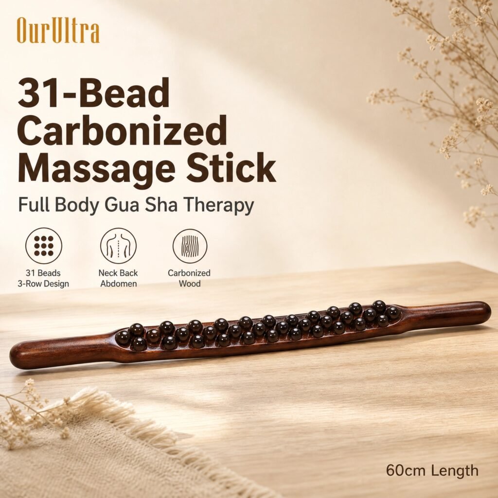 31‑Bead Carbonized Wood Massage Stick · 3‑Row Design · Full Body Gua Sha · 60cm · Neck Back Abdomen