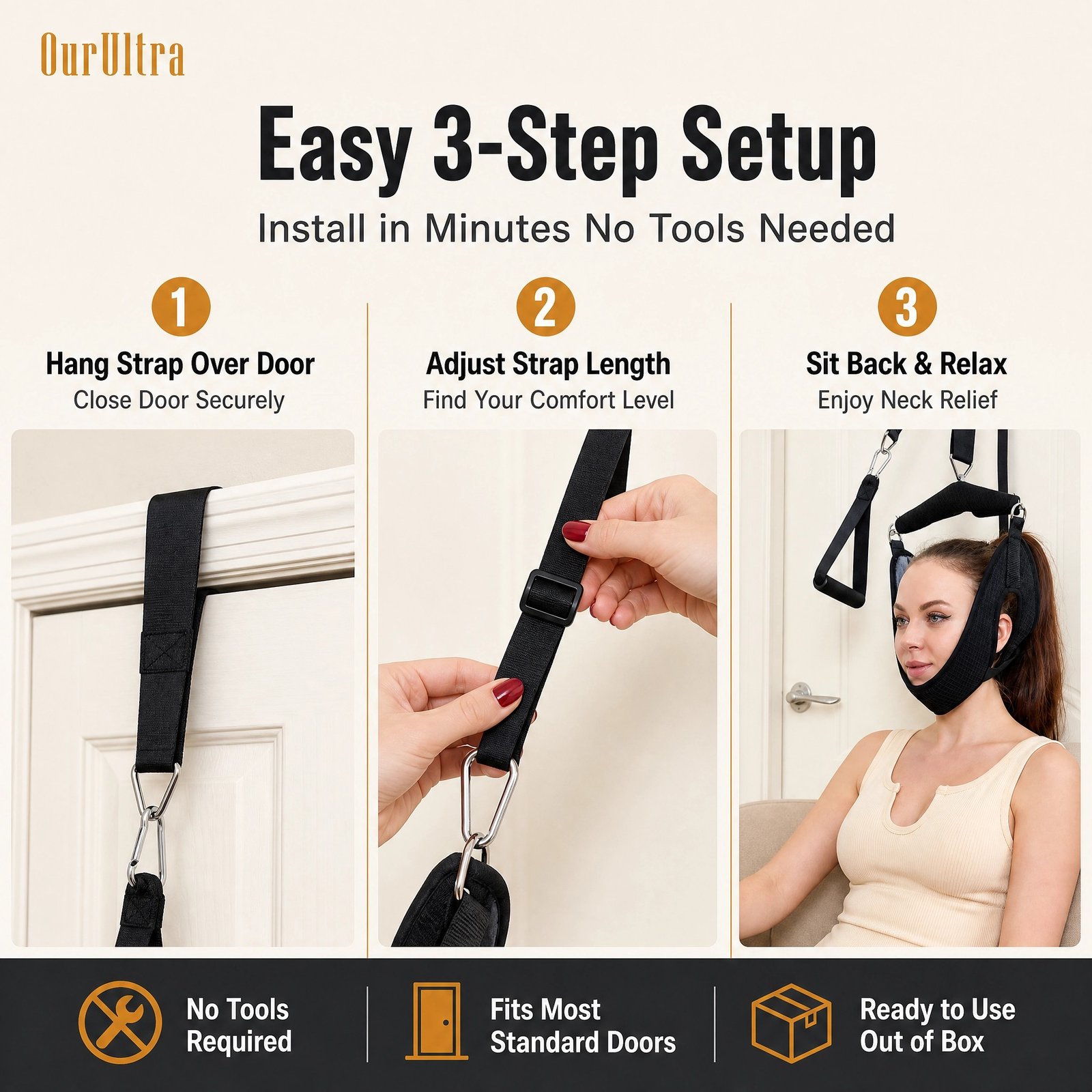 Neck Cervical Traction Device · Over‑Door Stretcher · Adjustable Length · Soft Padded Support · Pain Relief