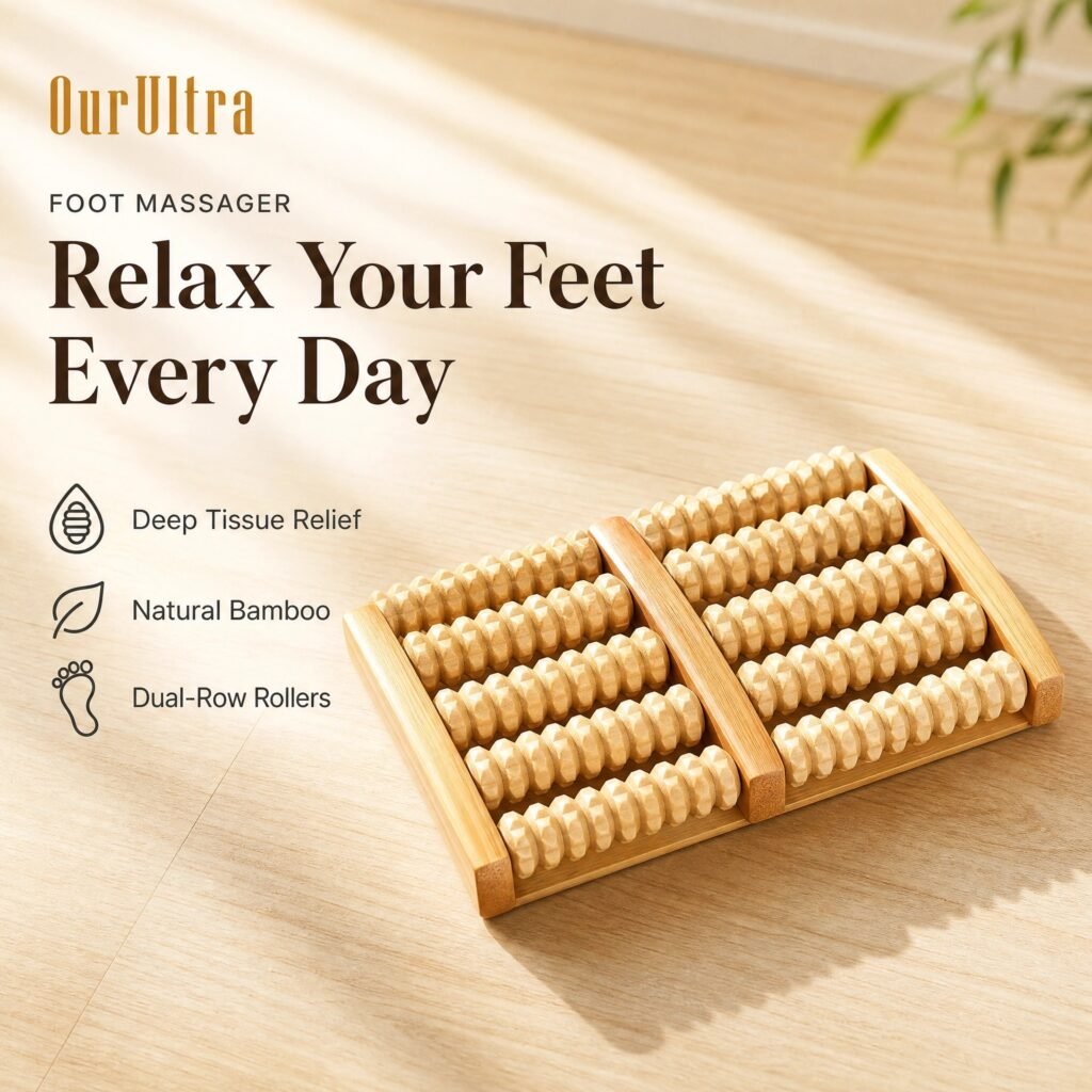 Wooden Foot Roller Massager · Natural Bamboo · Dual‑Row Rollers · Deep Tissue Relief · Portable