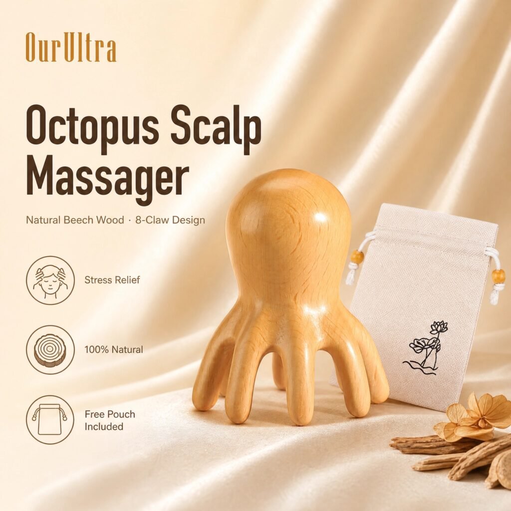 Octopus Scalp Massager · 8‑Claw Head · Natural Beech Wood · Stress Relief · Portable · With Storage Pouch