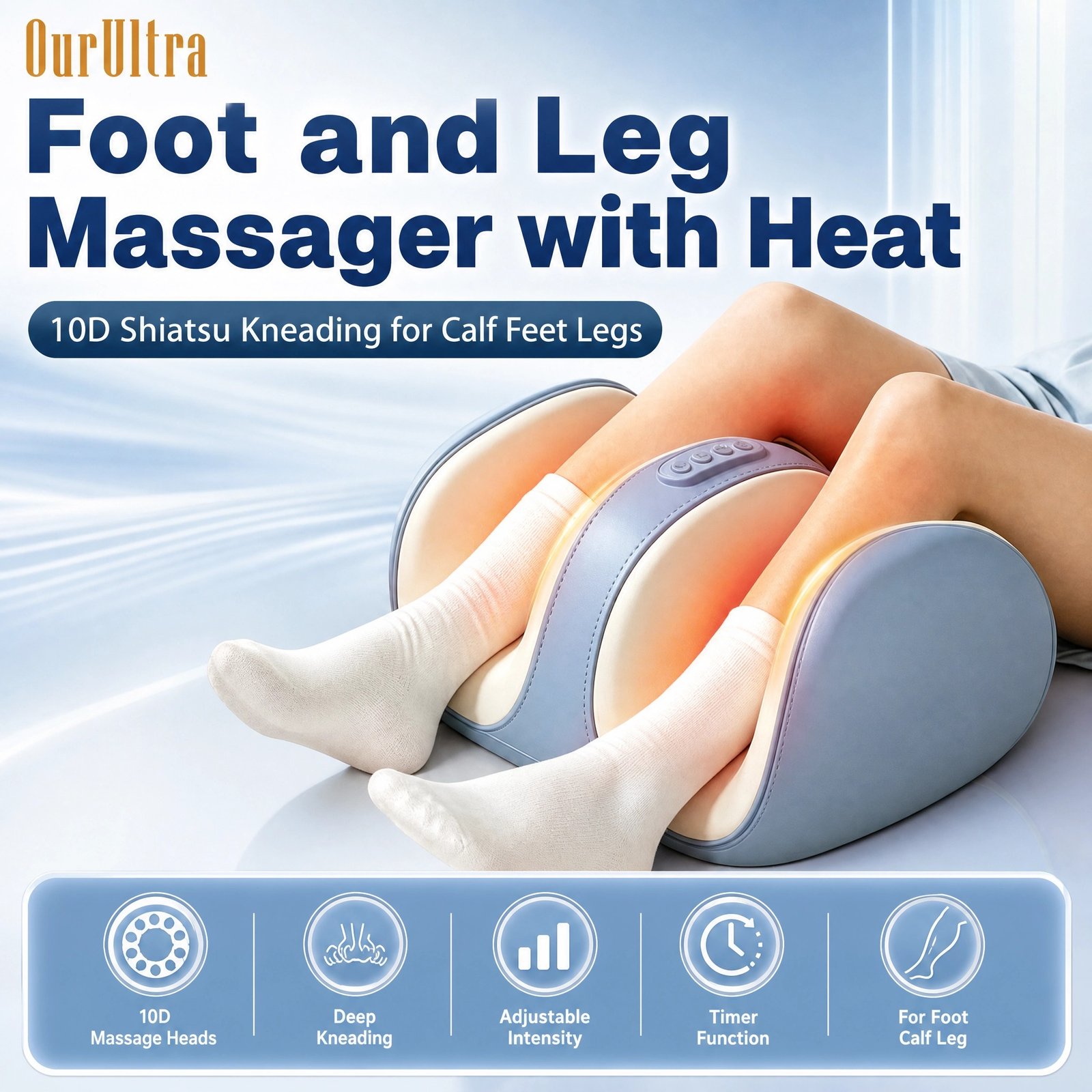 Foot & Leg Massager with Heat · 10D Biomimetic Nodes · Upgraded Motor · 3‑in‑1 · 3 Modes & 3 Intensities · Smart Timer