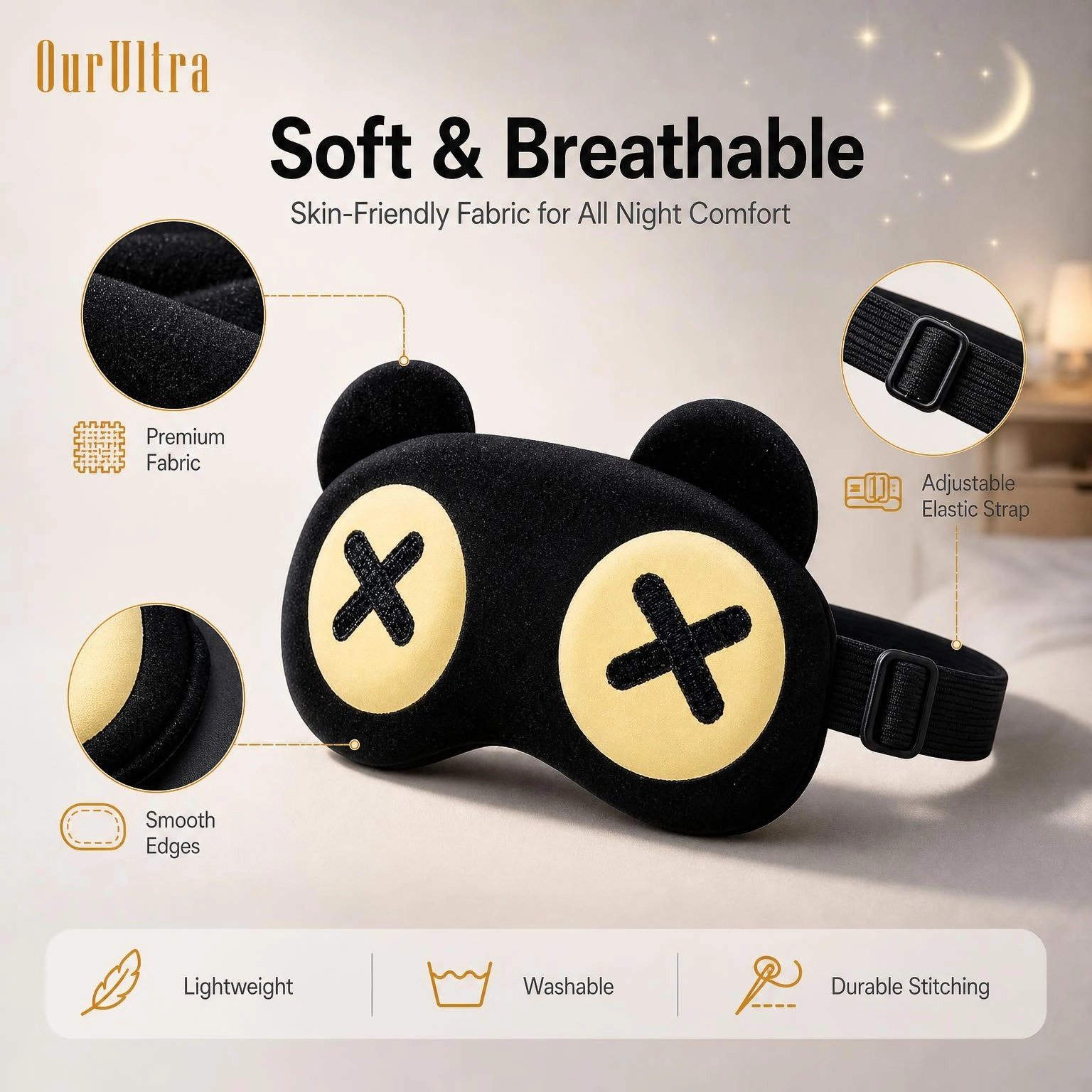 3D Contoured Black Bear Sleep Eye Mask · Zero-Pressure Comfort · Total Blackout