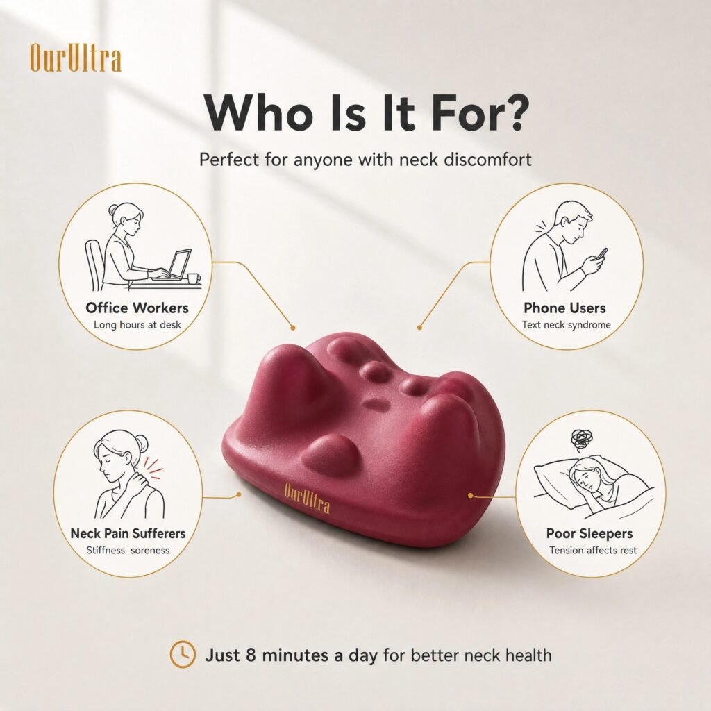 Cervical Traction Massager Pillow · 8‑Minute Fast Relief · Spine Stretching · Deep Muscle Relaxation · Ergonomic Design