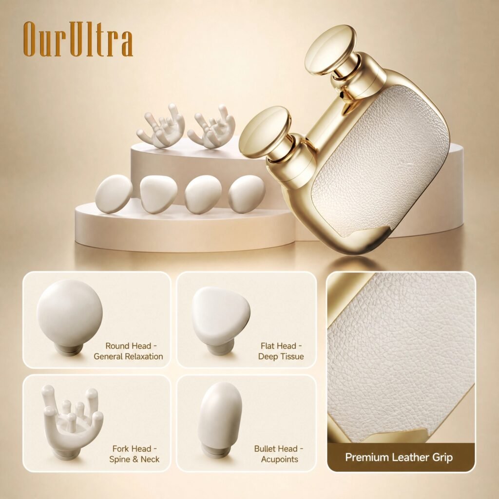 Mini Massage Gun · Gold Gift Set · AI Smart Frequency · 3500RPM · 12kg Force · 10mm Percussion · 3 Speeds · 4 Heads