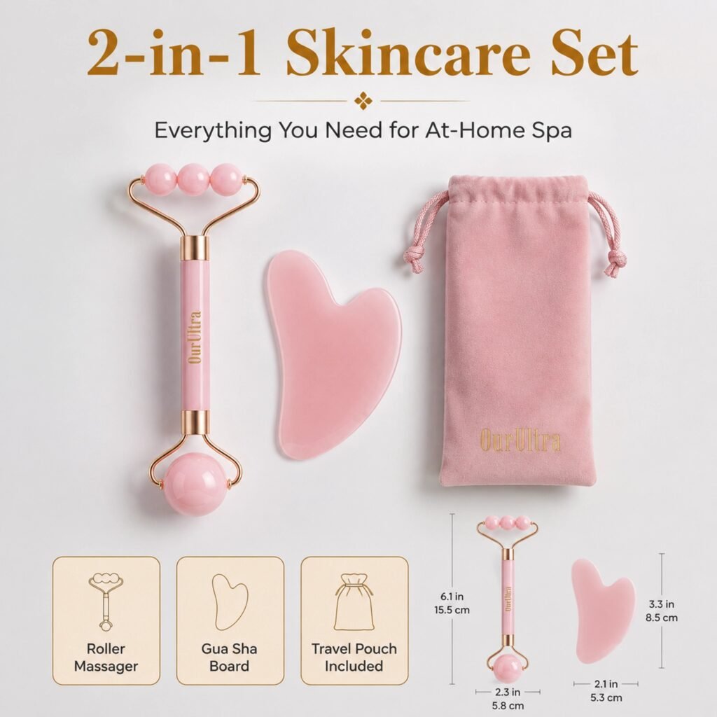 Rose Quartz Roller & Gua Sha Set · 2-in-1 Facial Sculpting Tool · Lifting & Contouring