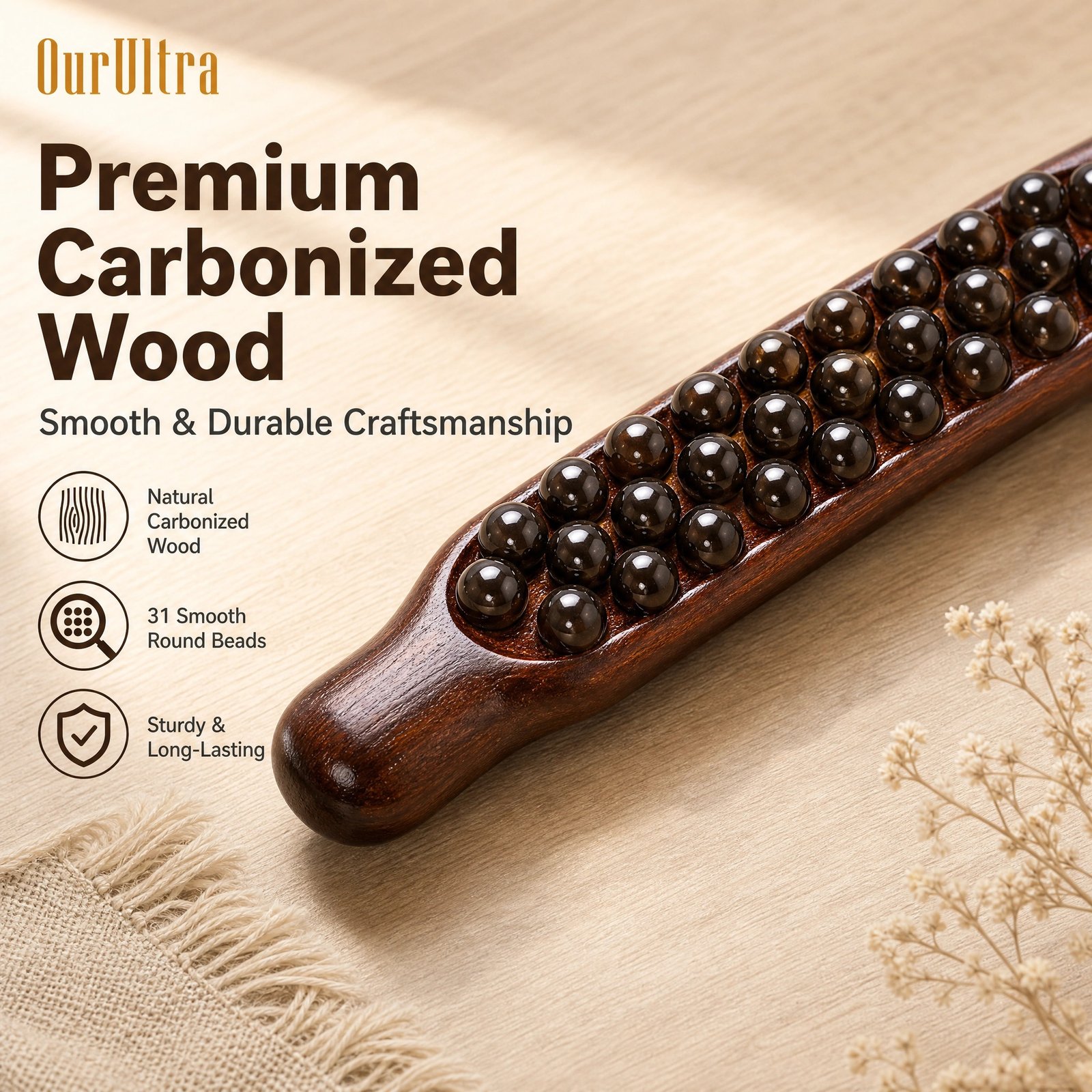 31‑Bead Carbonized Wood Massage Stick · 3‑Row Design · Full Body Gua Sha · 60cm · Neck Back Abdomen - Image 2