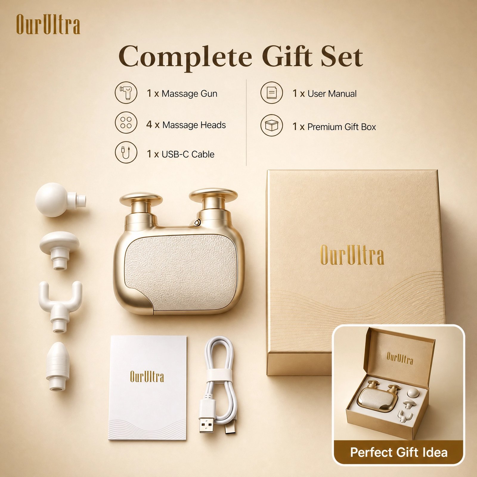 Mini Massage Gun · Gold Gift Set · AI Smart Frequency · 3500RPM · 12kg Force · 10mm Percussion · 3 Speeds · 4 Heads - Image 2