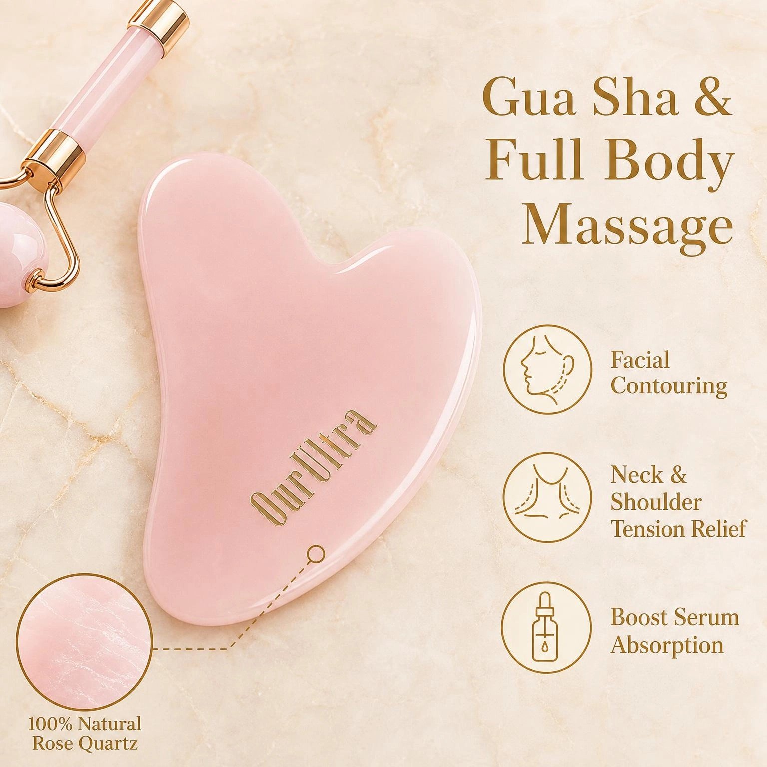 Rose Quartz Roller & Gua Sha Set · 2-in-1 Facial Sculpting Tool · Lifting & Contouring - Image 2