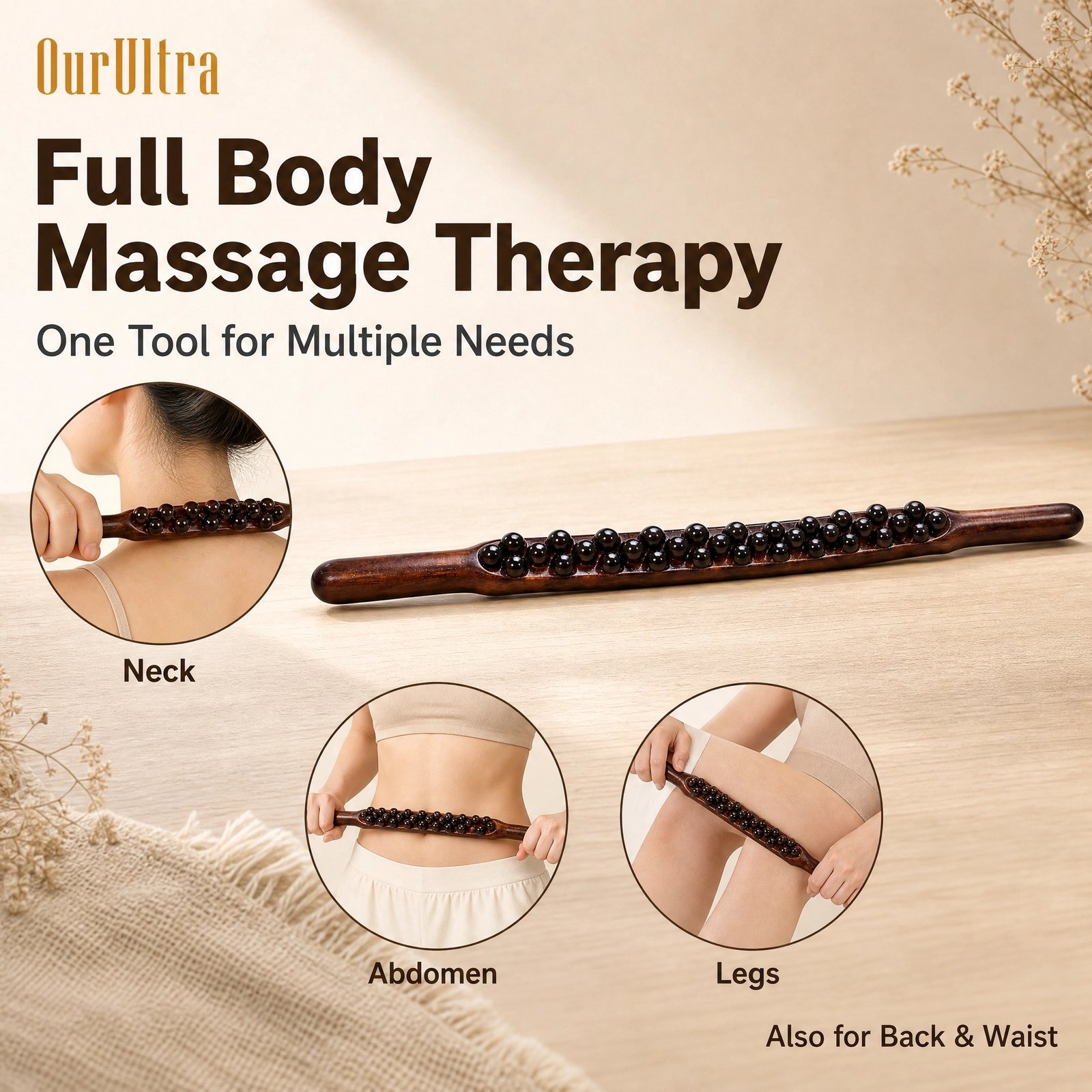 31‑Bead Carbonized Wood Massage Stick · 3‑Row Design · Full Body Gua Sha · 60cm · Neck Back Abdomen - Image 3