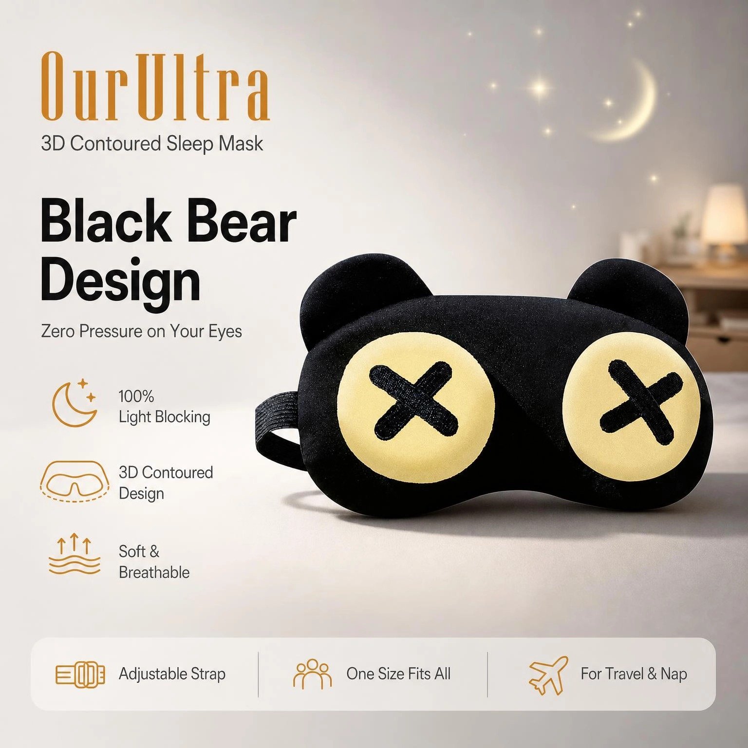 3D Contoured Black Bear Sleep Eye Mask · Zero-Pressure Comfort · Total Blackout - Image 3