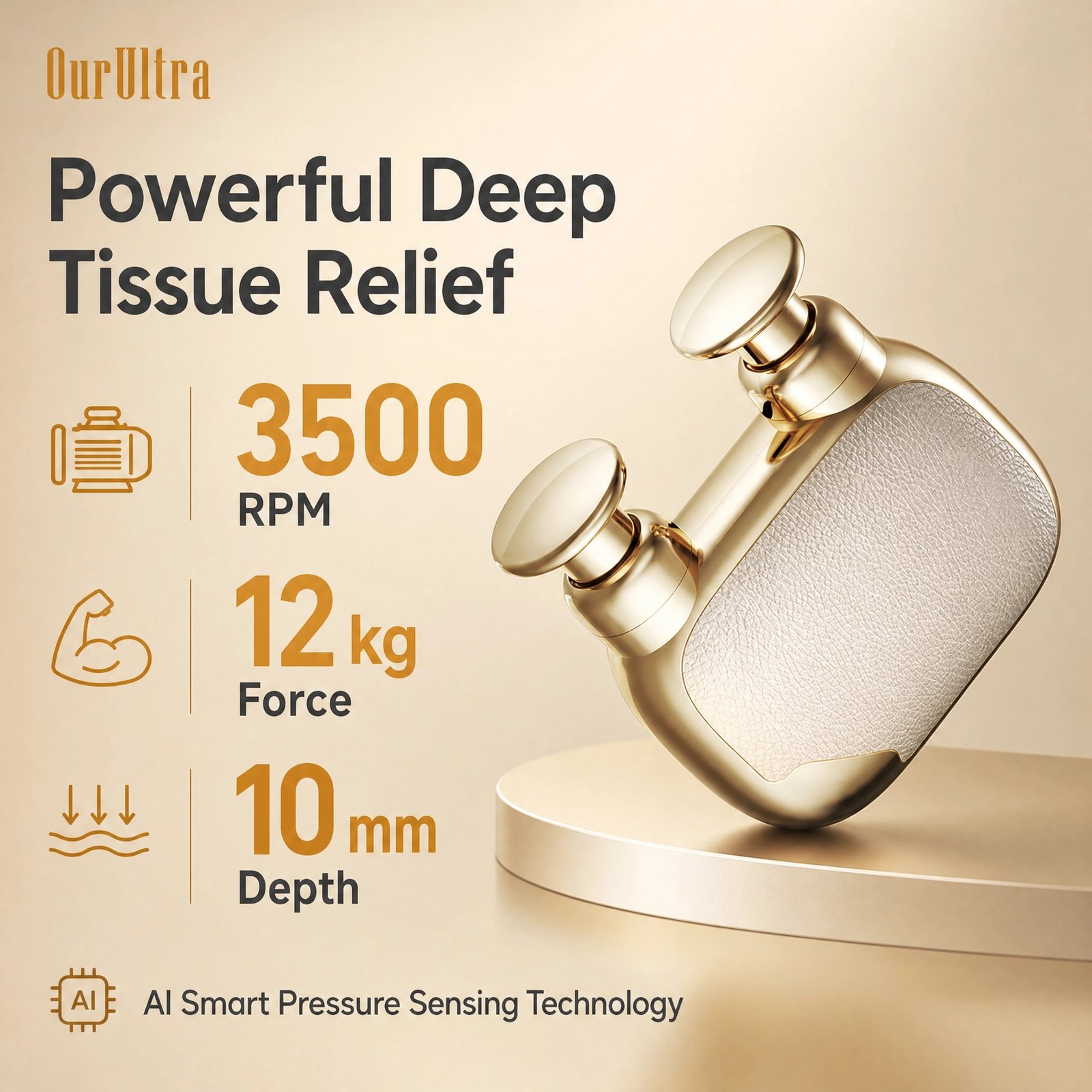 Mini Massage Gun · Gold Gift Set · AI Smart Frequency · 3500RPM · 12kg Force · 10mm Percussion · 3 Speeds · 4 Heads - Image 3