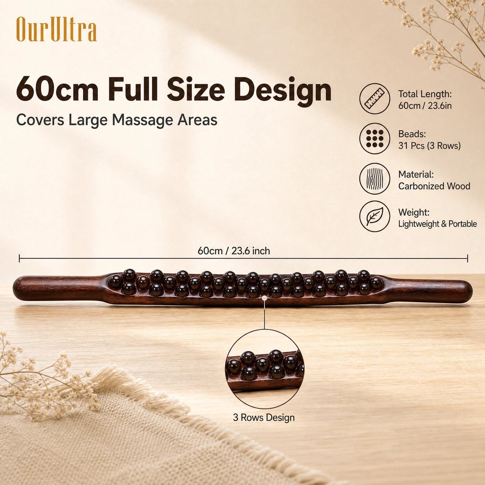 31‑Bead Carbonized Wood Massage Stick · 3‑Row Design · Full Body Gua Sha · 60cm · Neck Back Abdomen - Image 4