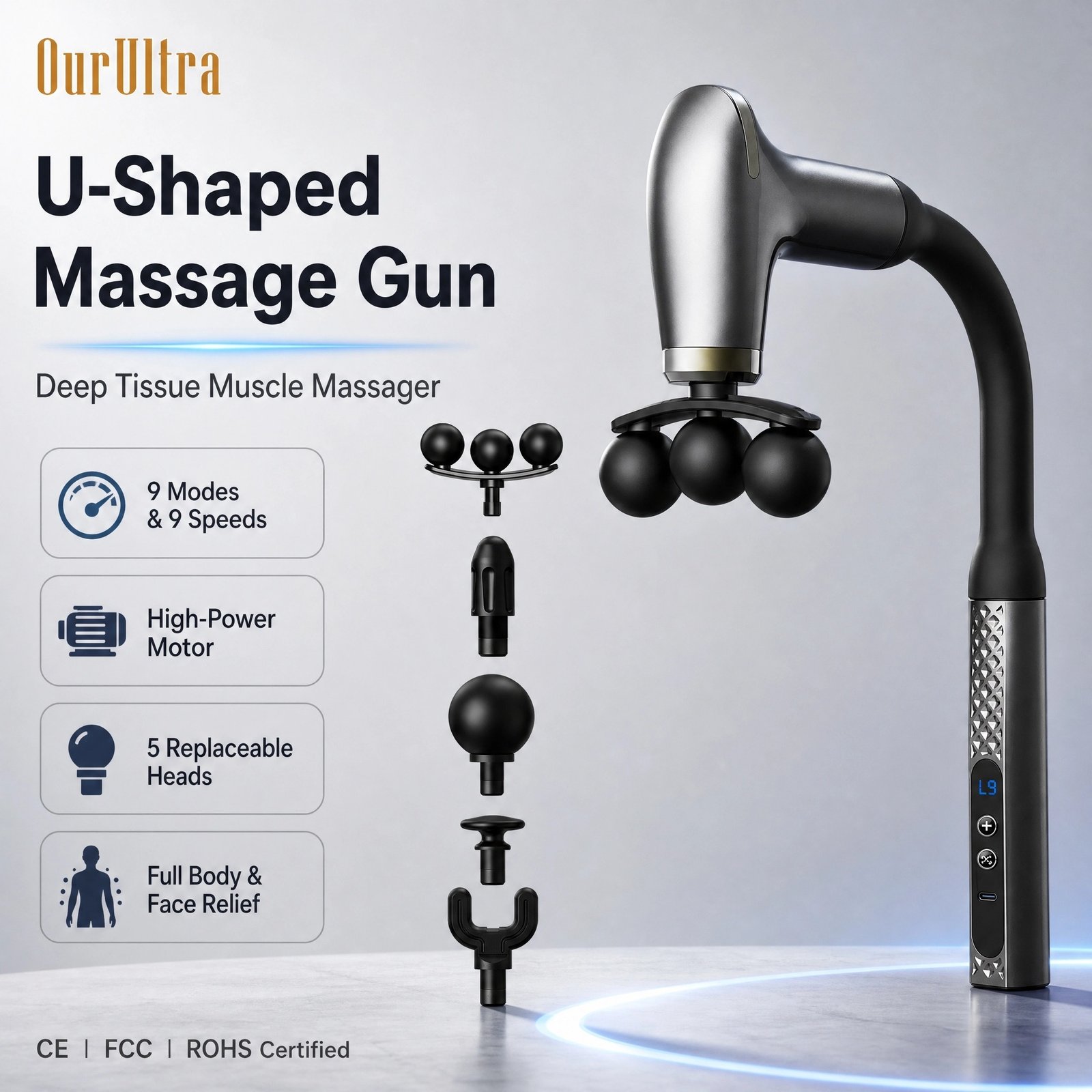 U‑Shaped Massage Gun · 9 Modes & 9 Speeds · High‑Power Motor · 5 Heads · Full Body & Face · CE FCC ROHS - Image 4