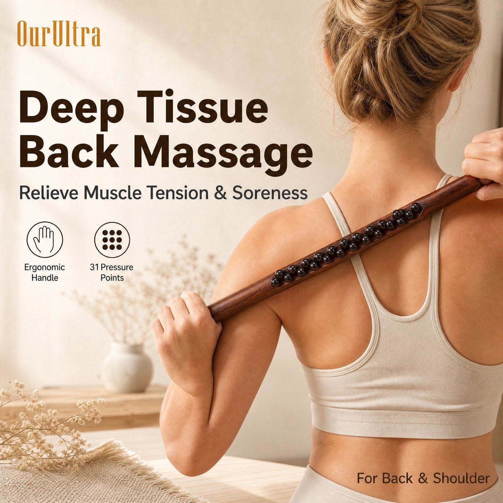 31‑Bead Carbonized Wood Massage Stick · 3‑Row Design · Full Body Gua Sha · 60cm · Neck Back Abdomen - Image 5