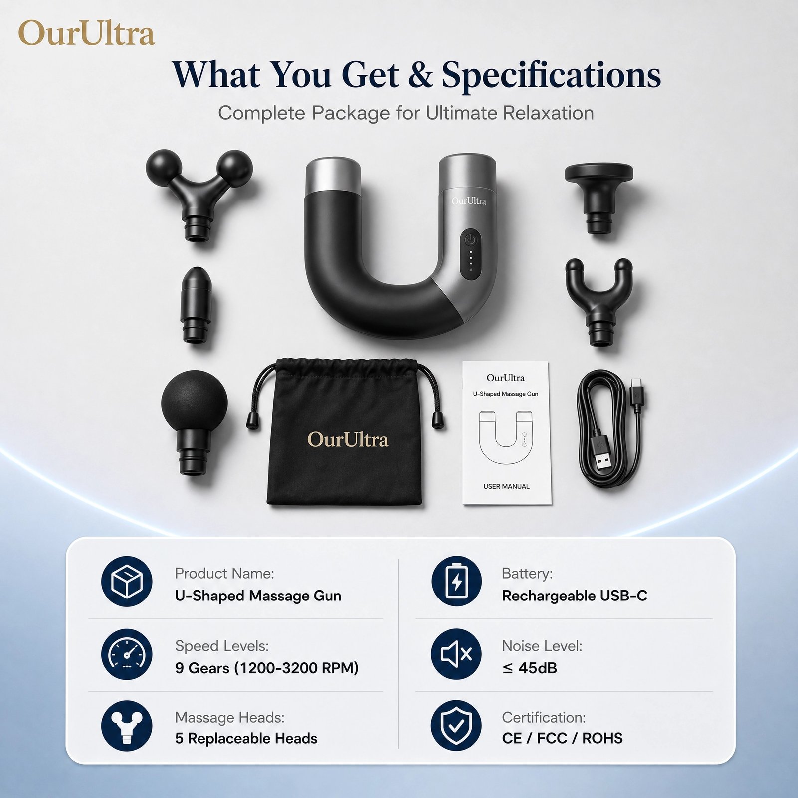 U‑Shaped Massage Gun · 9 Modes & 9 Speeds · High‑Power Motor · 5 Heads · Full Body & Face · CE FCC ROHS - Image 5