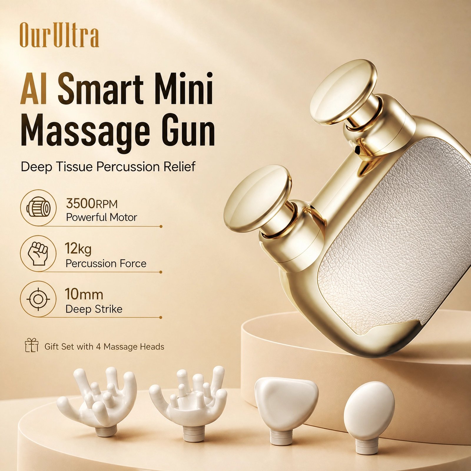 Mini Massage Gun · Gold Gift Set · AI Smart Frequency · 3500RPM · 12kg Force · 10mm Percussion · 3 Speeds · 4 Heads - Image 5